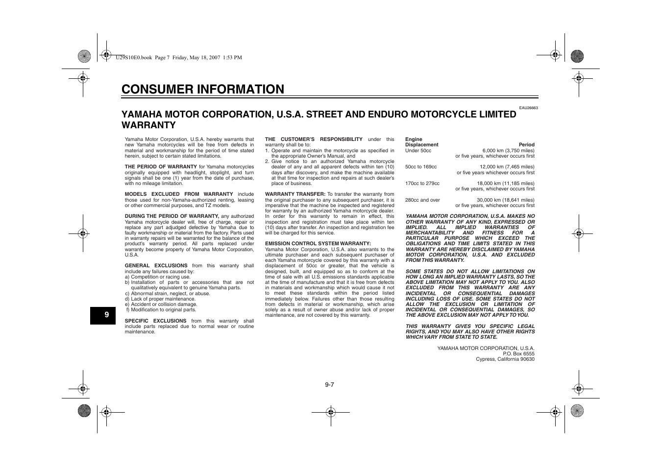 Yamaha motor corporation, Consumer information | Yamaha STAR XV19CX(C) User Manual | Page 88 / 96