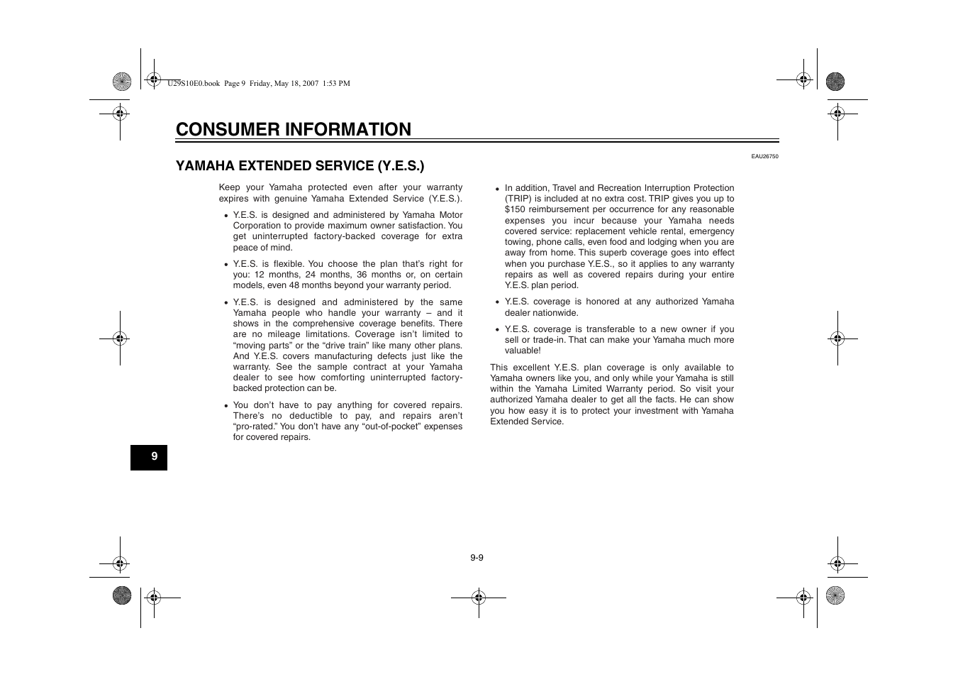 Yamaha extended service, Y.e.s.) -9, Consumer information | Yamaha extended service (y.e.s.) | Yamaha STAR XV19CX(C) User Manual | Page 90 / 96