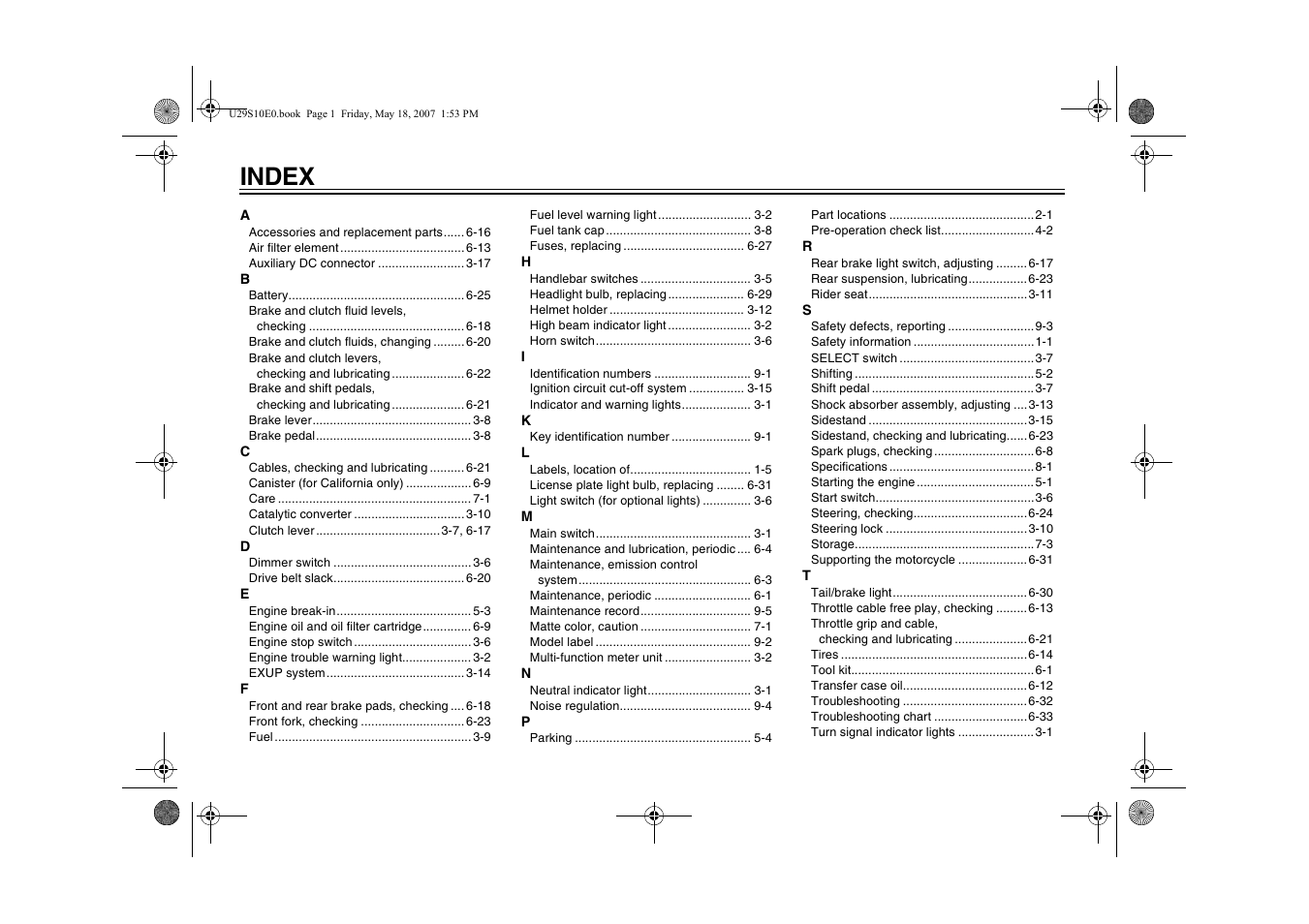 Index | Yamaha STAR XV19CX(C) User Manual | Page 92 / 96
