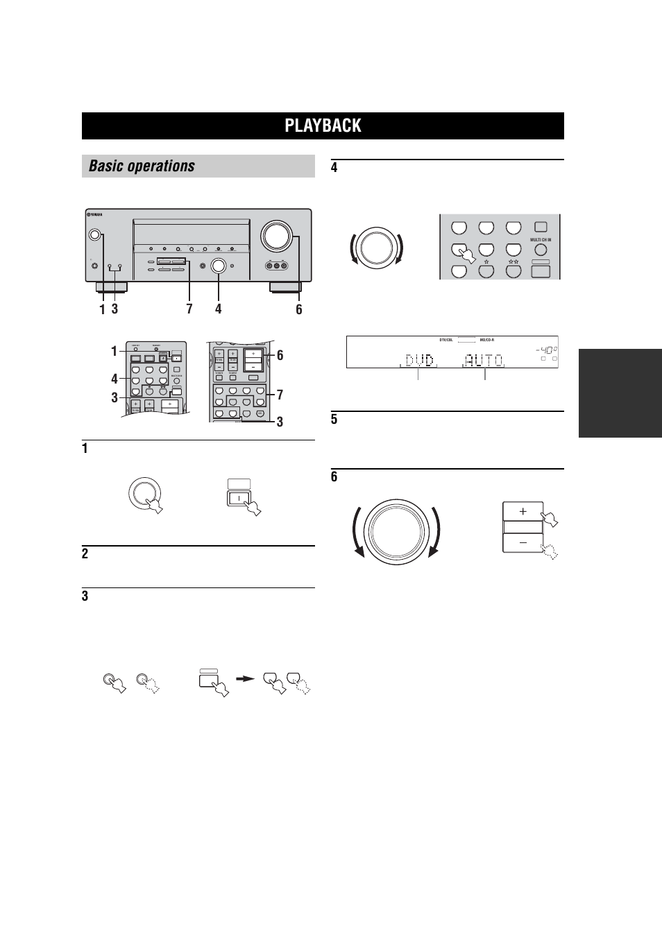Basic operation, Playback, Basic operations | Ba s ic opera t ion, Turn on the video monitor connected to this unit, Adjust the volume to the desired output level | Yamaha RX-V457 User Manual | Page 29 / 88