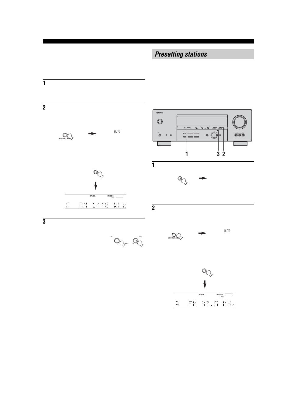 Presetting stations, Manual tuning, Automatically presetting fm stations | Yamaha RX-V457 User Manual | Page 38 / 88
