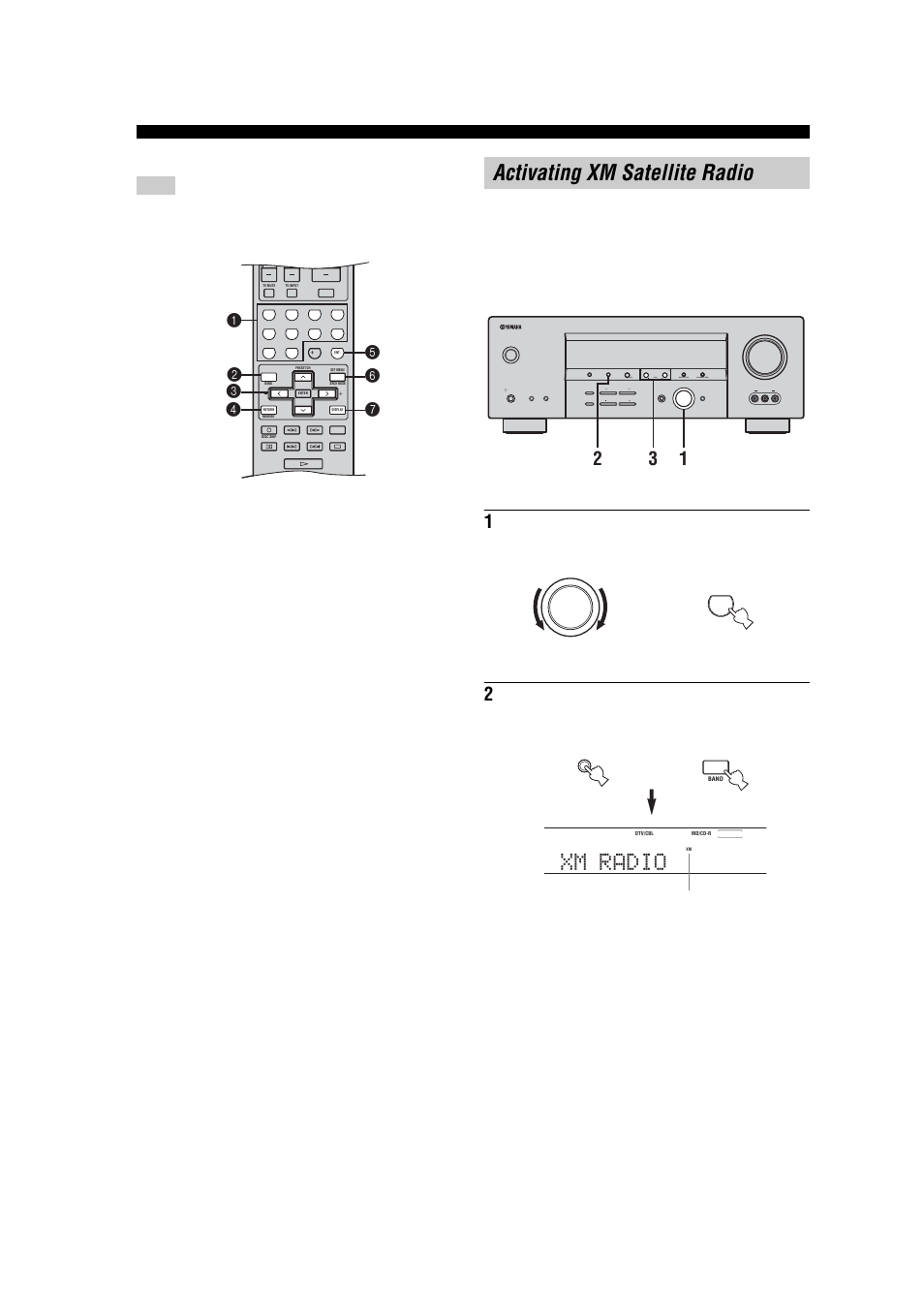 Activating xm satellite radio, Xm radio, Remote control functions | Yamaha RX-V457 User Manual | Page 44 / 88