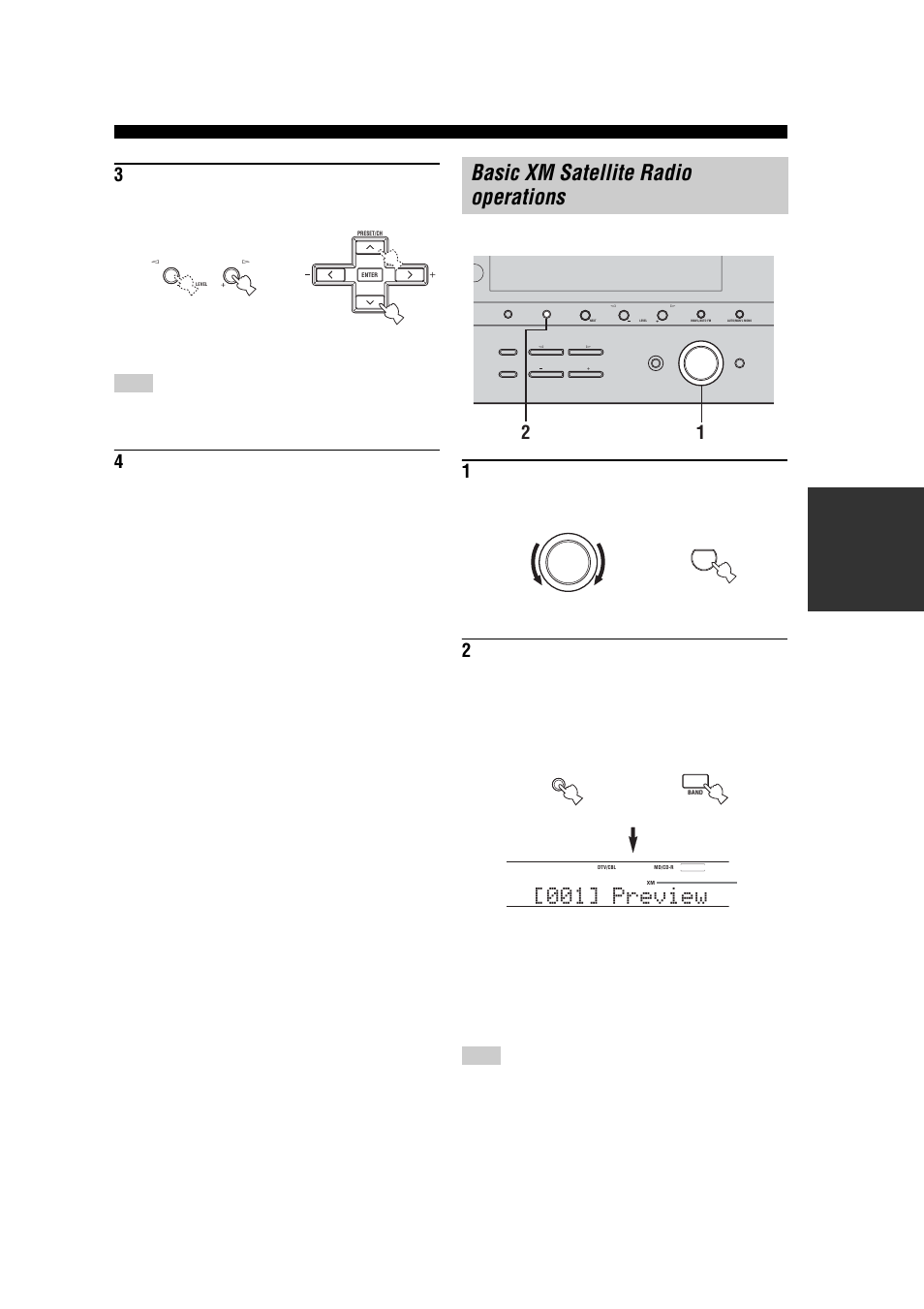 Basic xm satellite radio operations, 001] preview, Selecting the xm satellite radio mode | Ba s ic opera t ion | Yamaha RX-V457 User Manual | Page 45 / 88