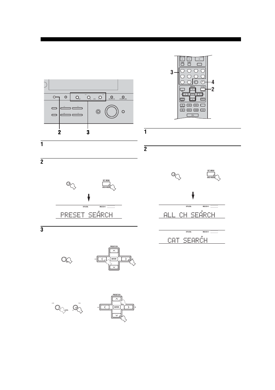 Preset search, All ch search, Cat search | Preset search mode, Direct number access mode, Or front panel remote control, Front panel remote control or, Remote control front panel or, Xm satellite radio tuning | Yamaha RX-V457 User Manual | Page 48 / 88