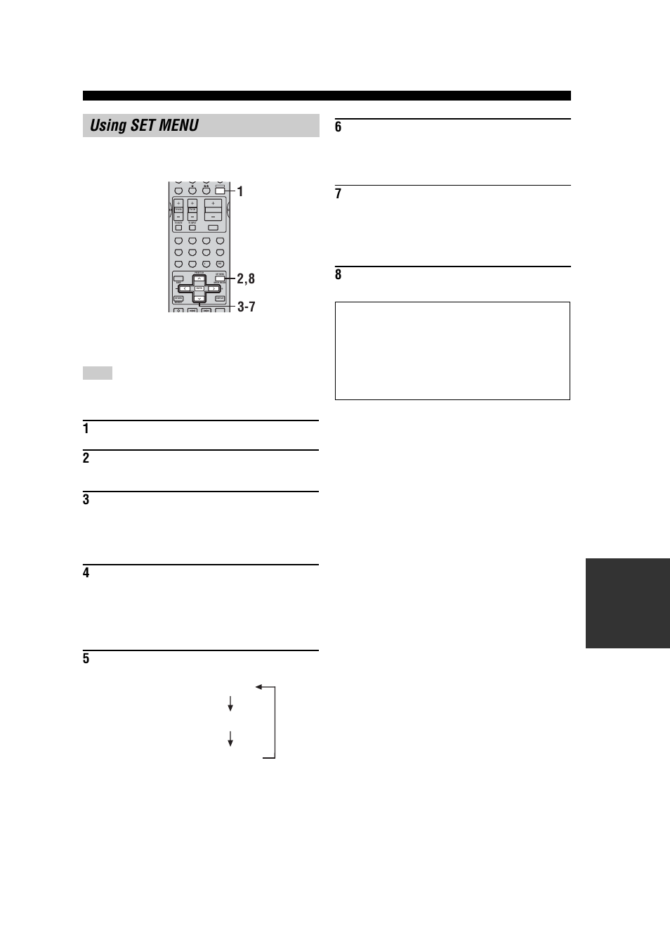 Using set menu, Manual setup 4, 1 sound menu 5 | Press amp, Press u / d to display manual setup, Press u / d to display the desired menu | Yamaha RX-V457 User Manual | Page 59 / 88