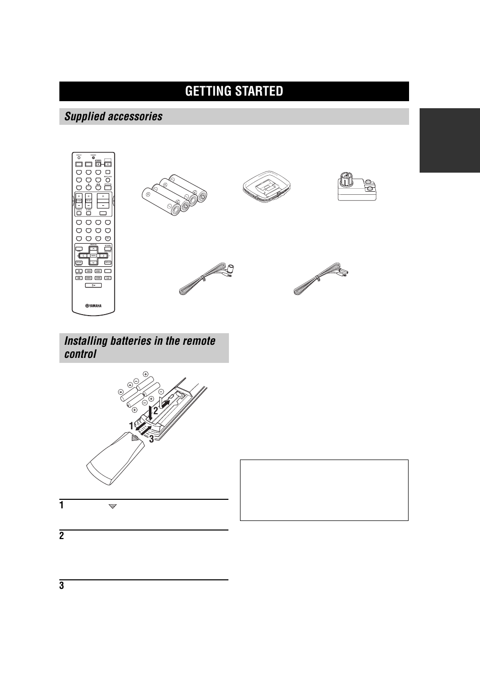 Getting started, Supplied accessories, Installing batteries in the remote control | Slide the cover back until it snaps into place | Yamaha RX-V457 User Manual | Page 7 / 88