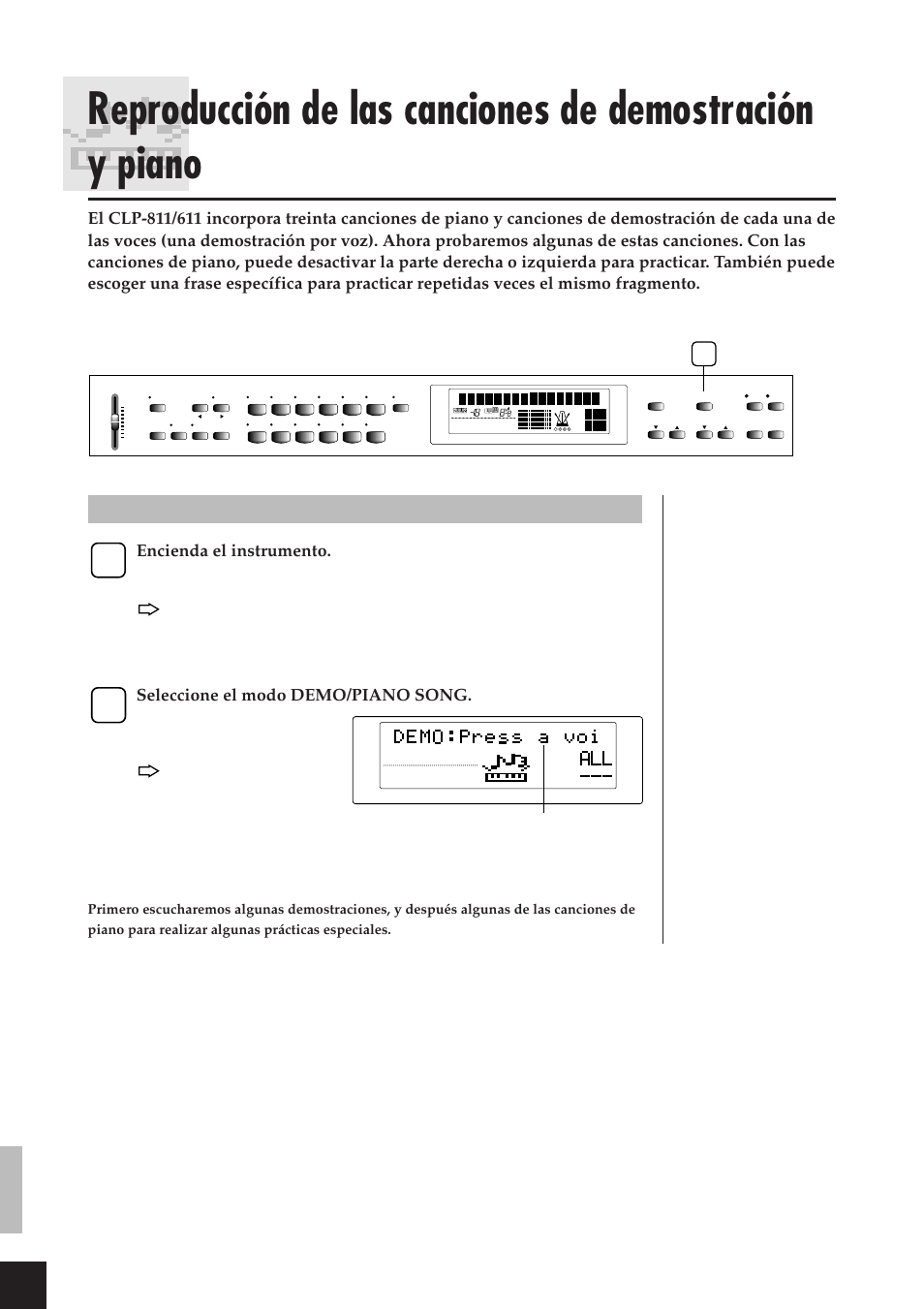 Procedimiento, Encienda el instrumento, Seleccione el modo demo/piano song | Yamaha CLP-811 User Manual | Page 11 / 71