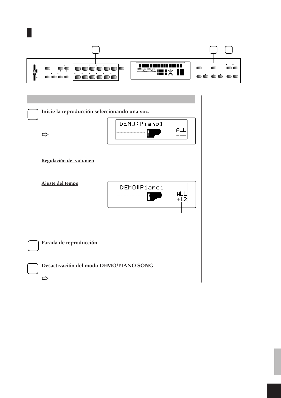 Reproducción de las canciones de demostración, Una vez completados los pasos [1] y [2]...), Inicie la reproducción seleccionando una voz | Parada de reproducción, Desactivación del modo demo/piano song | Yamaha CLP-811 User Manual | Page 12 / 71