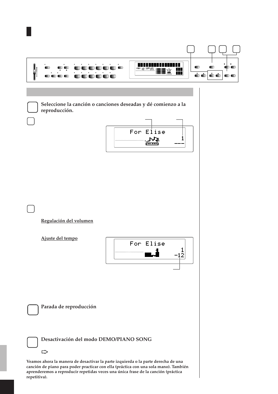 Reproducción de las canciones de piano, Parada de reproducción, Desactivación del modo demo/piano song | Yamaha CLP-811 User Manual | Page 13 / 71