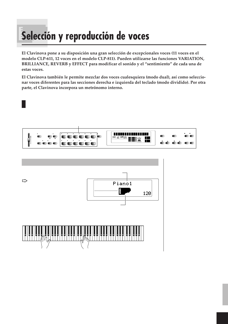 Selección y reproducción de voces, Selección de una voz, Procedimiento | Selector de voz, Voice selector, Name of voice instrument icon, Nombre de voz icono de instrumento | Yamaha CLP-811 User Manual | Page 16 / 71