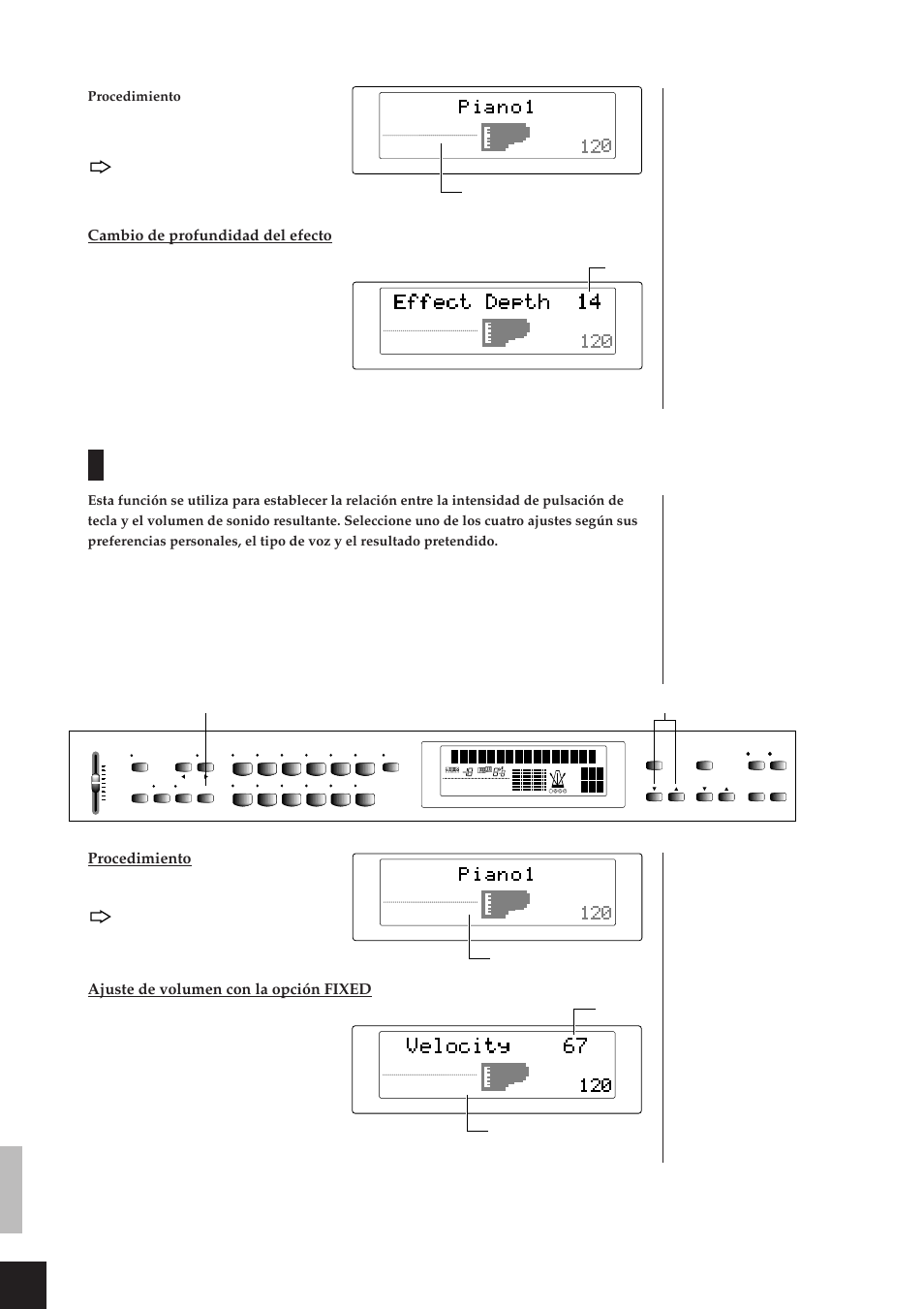 Touch, Touch] [ – /no] [+/ yes, Procedimiento | Selección y reproducción de voces, Selected effect efecto seleccionado, Depth profun- didad, Selected touch pulsación seleccionada | Yamaha CLP-811 User Manual | Page 19 / 71