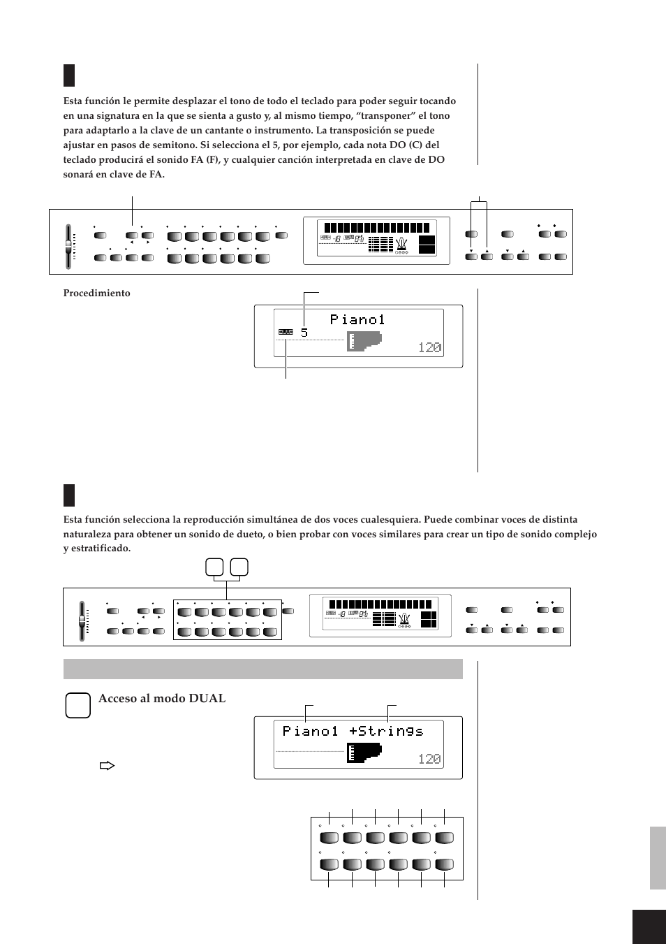 Transpose, Modo dual (mezcla de dos voces), Procedimiento | Transpose] [ – /no] [+/ yes, Acceso al modo dual, Selección y reproducción de voces voices, First voice (voice, 1) second voice (voice | Yamaha CLP-811 User Manual | Page 20 / 71