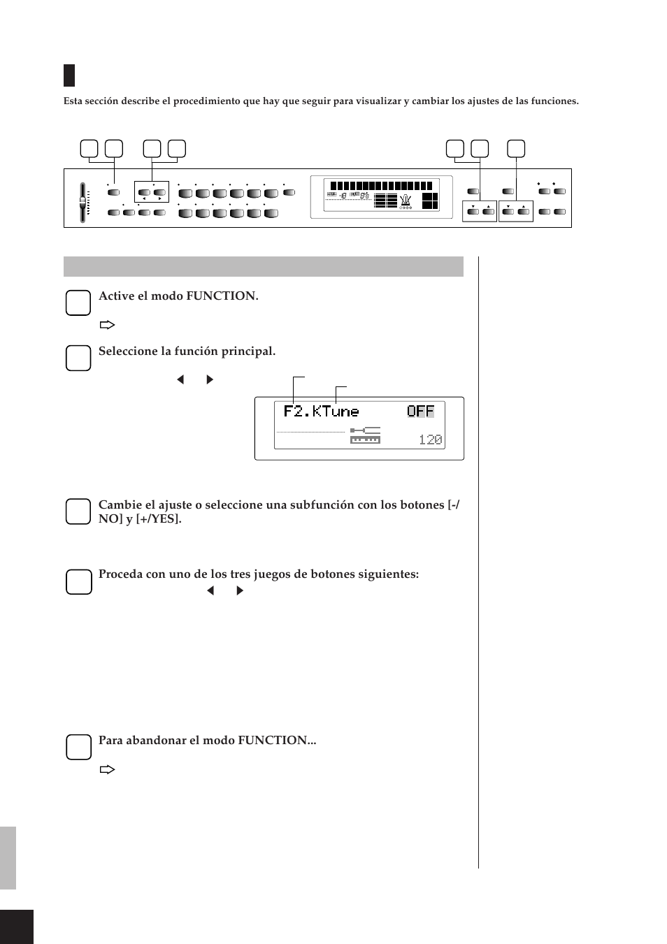 Procedimiento básico, Procedimiento, Active el modo function | Seleccione la función principal, Para abandonar el modo function, Funciones de configuración (modo function) | Yamaha CLP-811 User Manual | Page 29 / 71