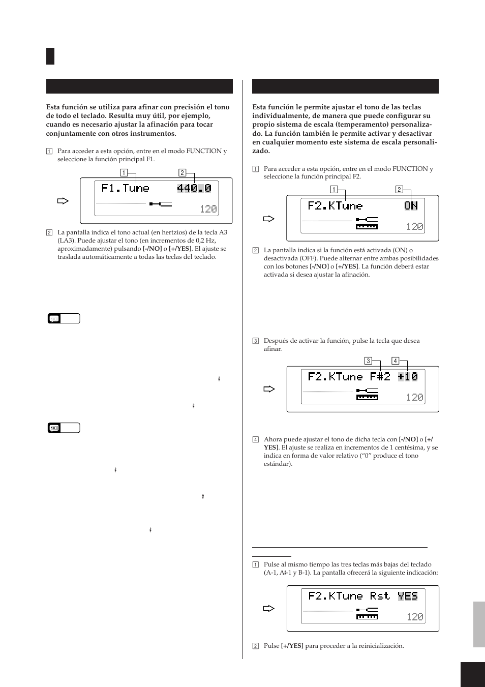 Descripción de funciones, F1.tune (afinación exacta del teclado), F2.ktune (afinación exacta tecla a tecla) | Funciones de configuración (modo function) | Yamaha CLP-811 User Manual | Page 30 / 71