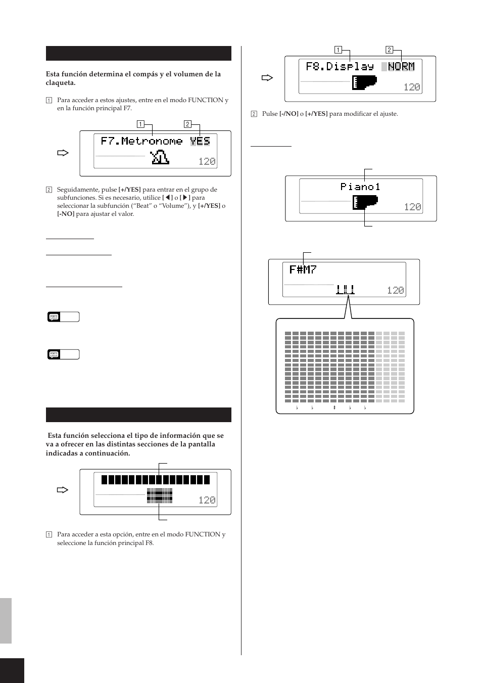 F7.metronome (ajustes del metrónomo), F8.display (modo de pantalla), Funciones de configuración (modo function) | Subfunciones 7.1 beat (compás), 2 volume (volumen), Explicación | Yamaha CLP-811 User Manual | Page 35 / 71
