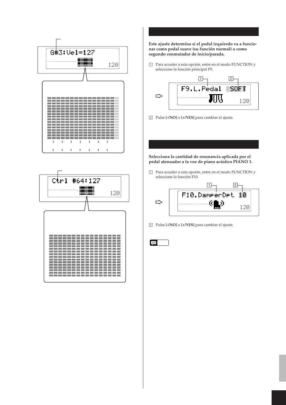 F9.l.pedal (función del pedal izquierdo), F10.damperdpt (profundidad del pedal atenuador), Funciones de configuración (modo function) | Yamaha CLP-811 User Manual | Page 36 / 71