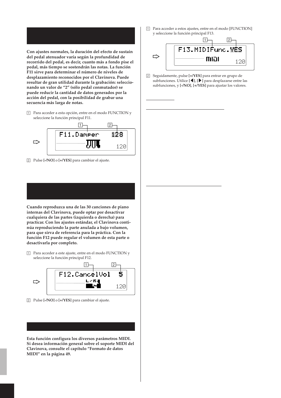 F11.damper (número de niveles del pedal atenuador), F13.midifunc. (ajustes midi) | Yamaha CLP-811 User Manual | Page 37 / 71