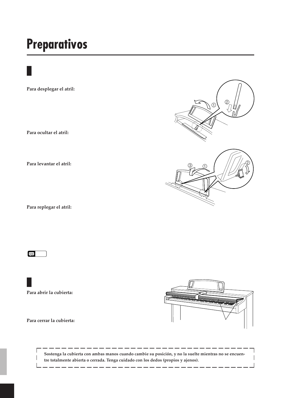 Preparativos, Atril, Cubierta del teclado | Yamaha CLP-811 User Manual | Page 5 / 71