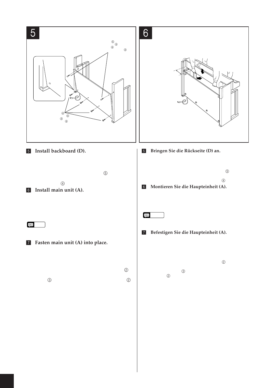 5 install backboard (d), 6 install main unit (a), 7 fasten main unit (a) into place | Yamaha CLP-811 User Manual | Page 59 / 71
