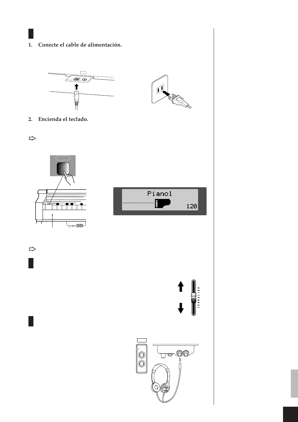 Encendido, Regulación del volumen, Uso de auriculares | Conecte el cable de alimentación, Encienda el teclado | Yamaha CLP-811 User Manual | Page 6 / 71