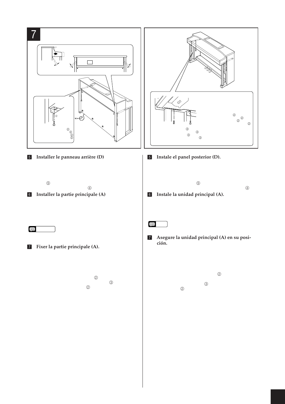 6installer la partie principale (a), 7fixer la partie principale (a), 5instale el panel posterior (d) | 6instale la unidad principal (a), 7asegure la unidad principal (a) en su posi- ción | Yamaha CLP-811 User Manual | Page 60 / 71