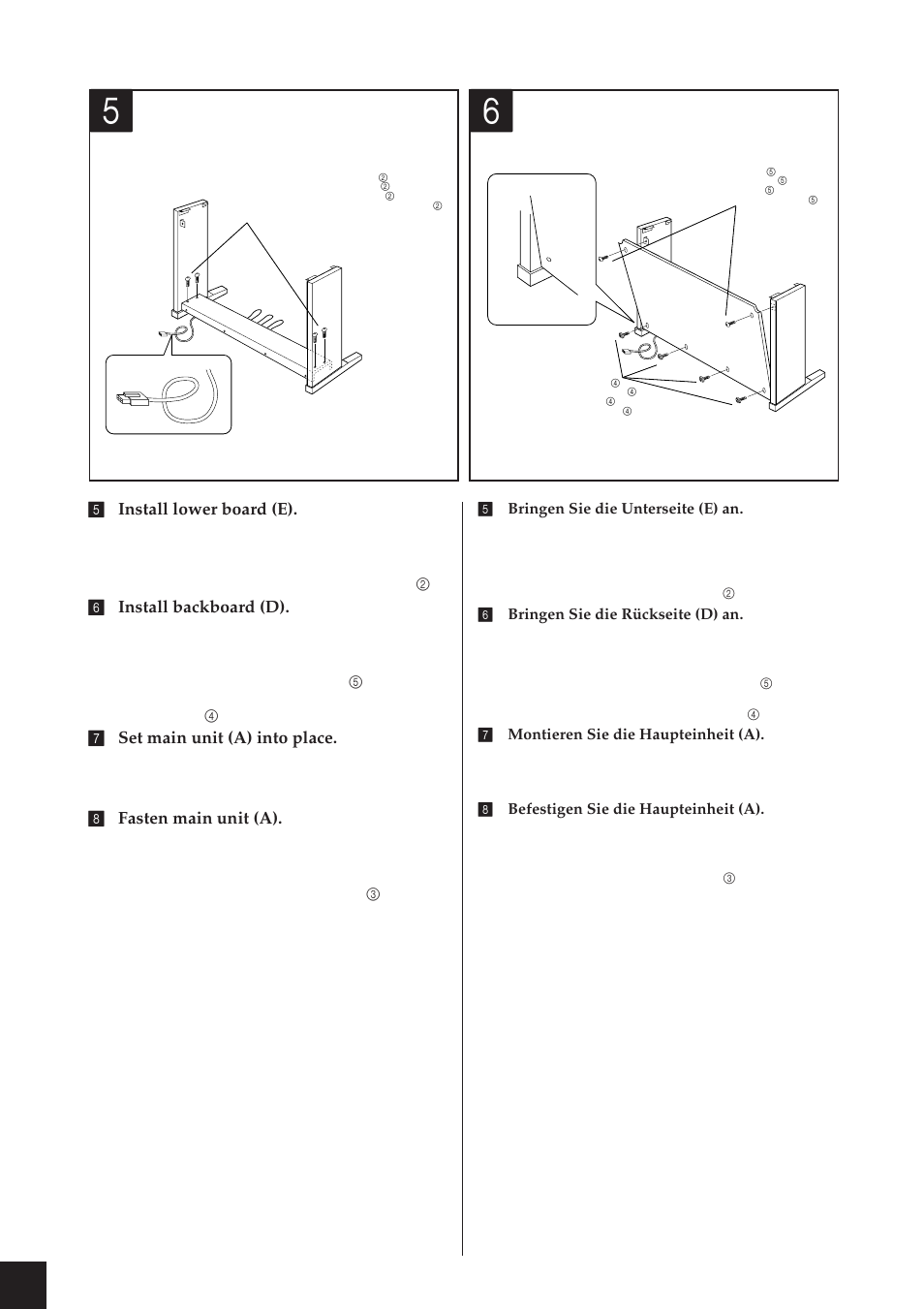 5 install lower board (e), 6 install backboard (d), 7 set main unit (a) into place | 8 fasten main unit (a), 6bringen sie die rückseite (d) an, 7montieren sie die haupteinheit (a), 8befestigen sie die haupteinheit (a) | Yamaha CLP-811 User Manual | Page 65 / 71