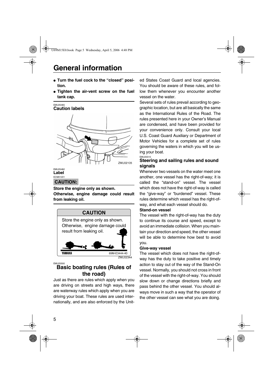 Caution labels, Basic boating rules, Rules of the road) | Steering and sailing rules and, Sound signals, General information, Basic boating rules (rules of the road) | Yamaha F25 User Manual | Page 10 / 66