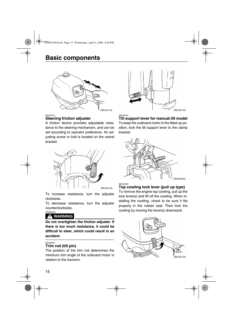 Model, Top cowling lock lever, Pull up type) | Basic components | Yamaha F25 User Manual | Page 20 / 66