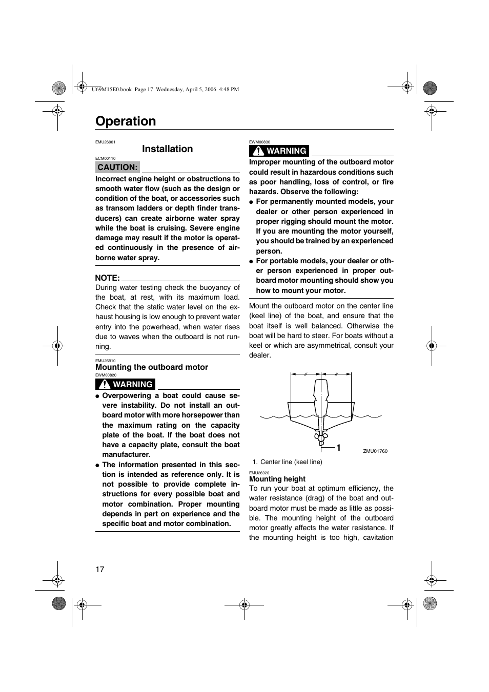 Operation, Installation, Mounting the outboard motor | Yamaha F25 User Manual | Page 22 / 66