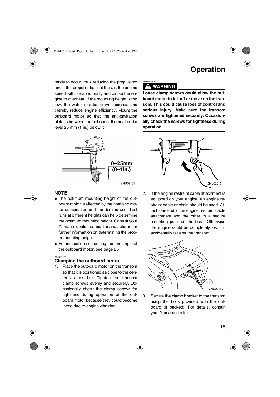 Clamping the outboard motor, Operation | Yamaha F25 User Manual | Page 23 / 66