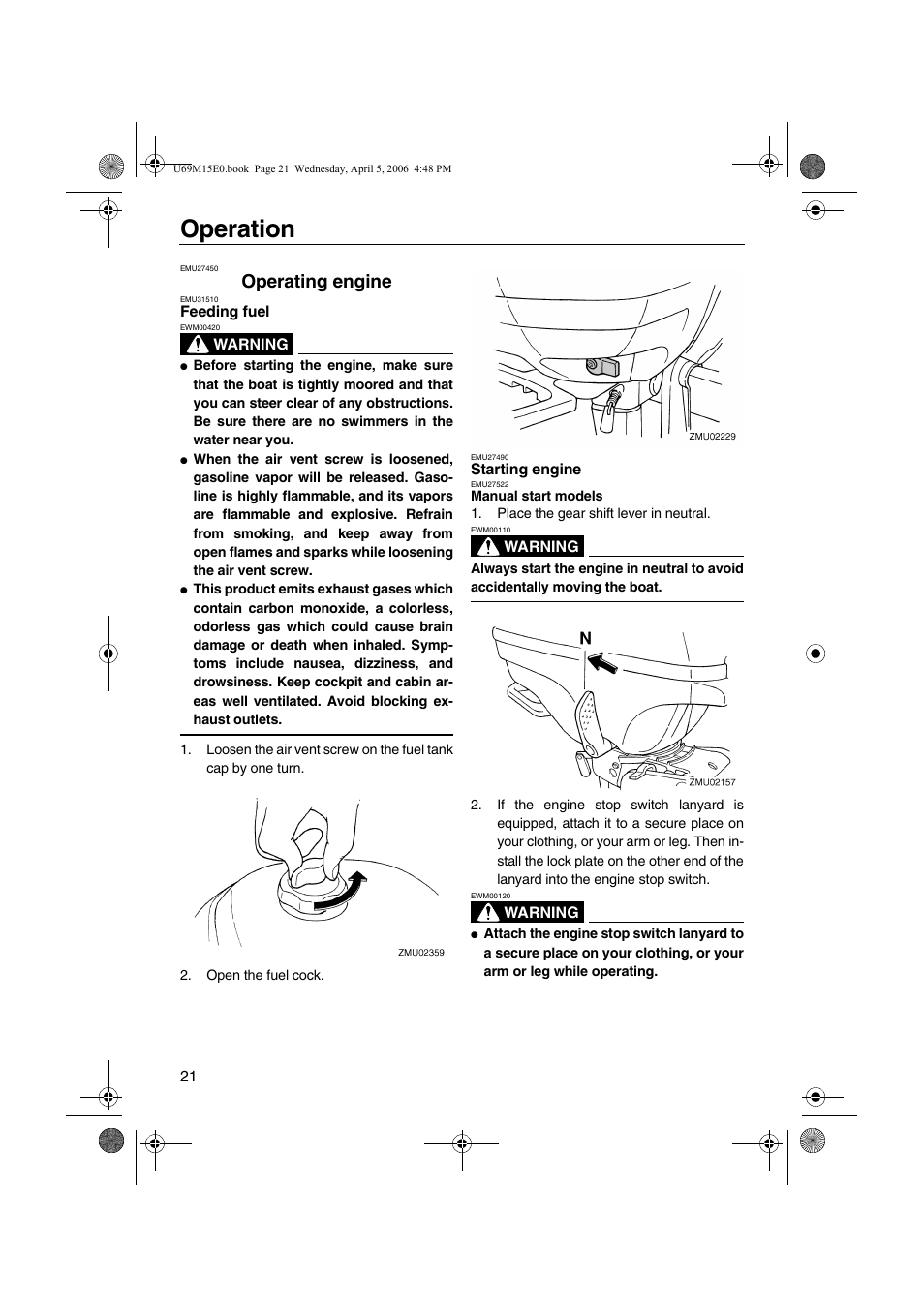 Operating engine, Feeding fuel starting engine, Operation | Yamaha F25 User Manual | Page 26 / 66