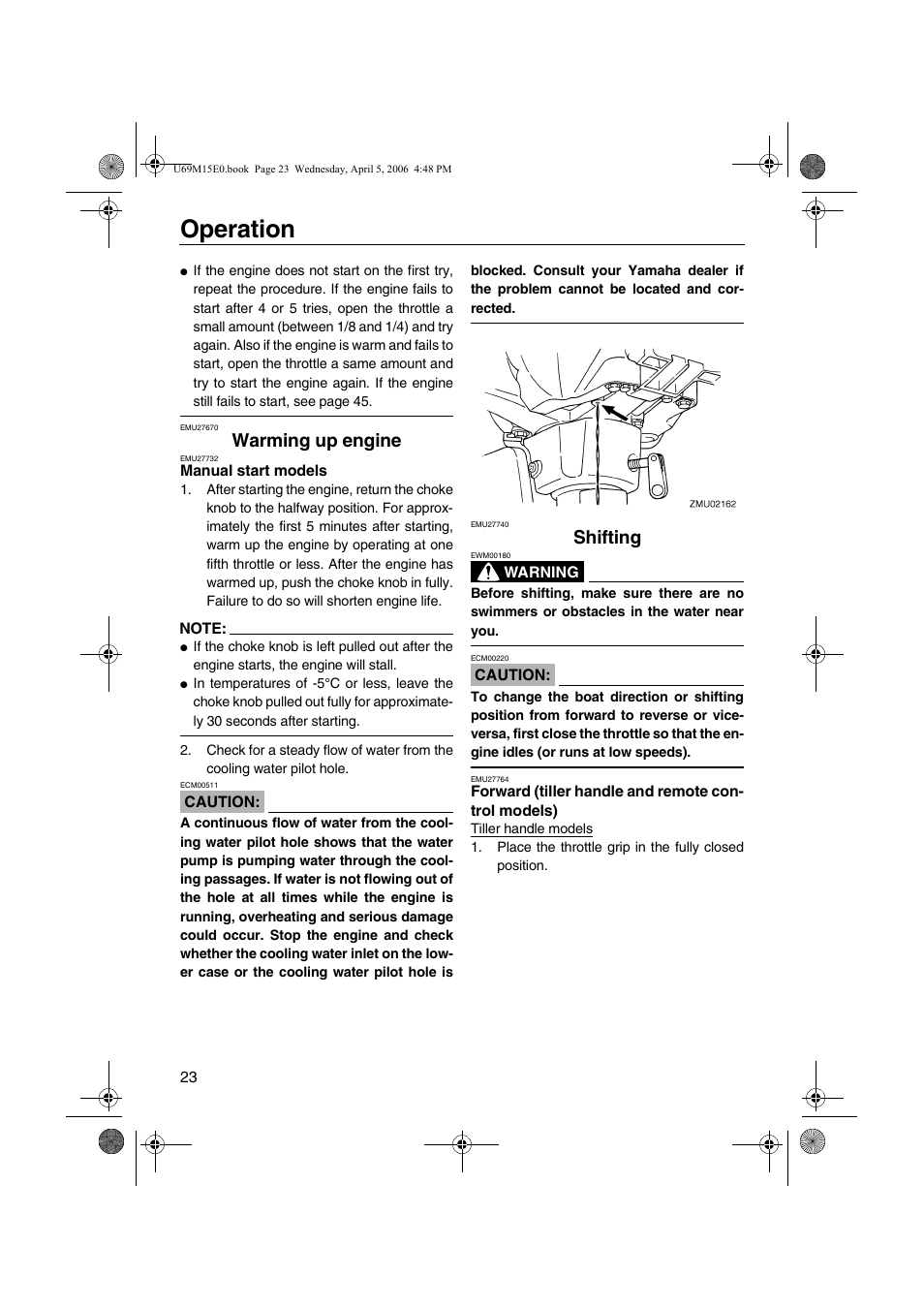 Warming up engine, Manual start models, Shifting | Forward (tiller handle and, Remote control models), Operation | Yamaha F25 User Manual | Page 28 / 66