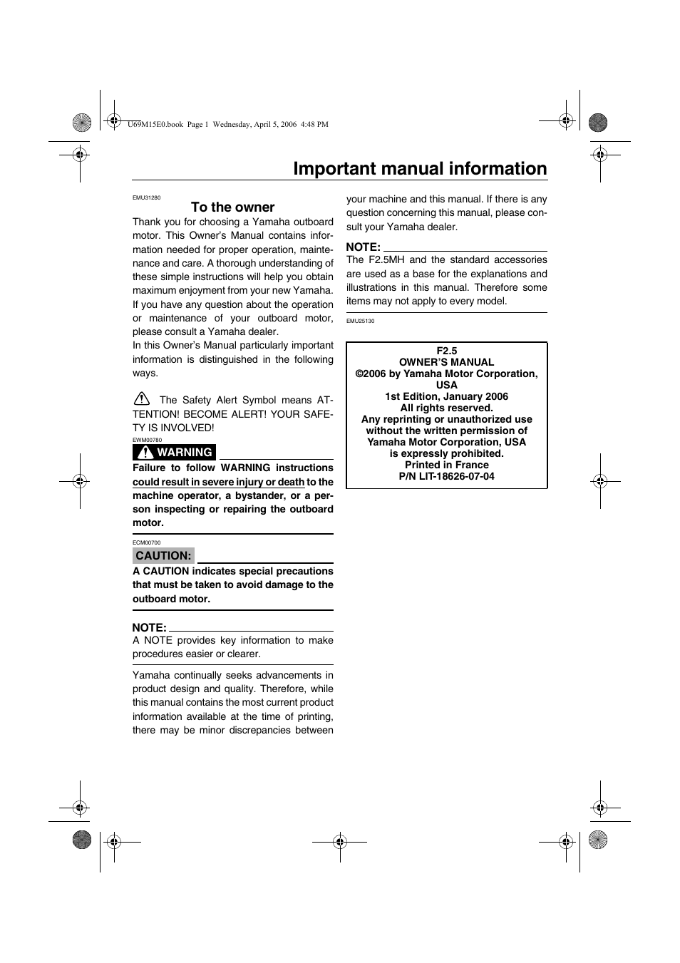 Important manual information | Yamaha F25 User Manual | Page 3 / 66