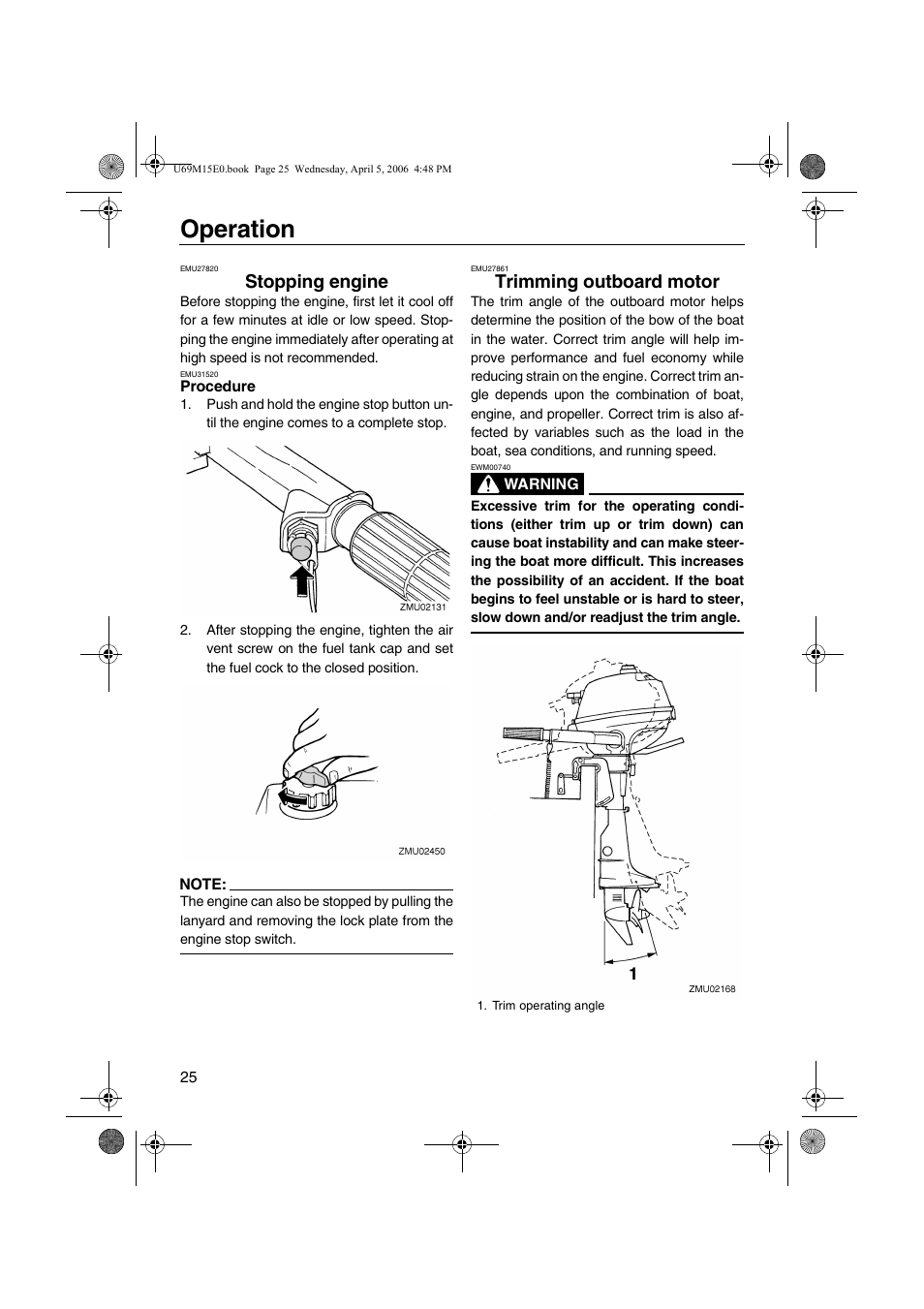 Stopping engine, Procedure, Trimming outboard motor | Operation | Yamaha F25 User Manual | Page 30 / 66