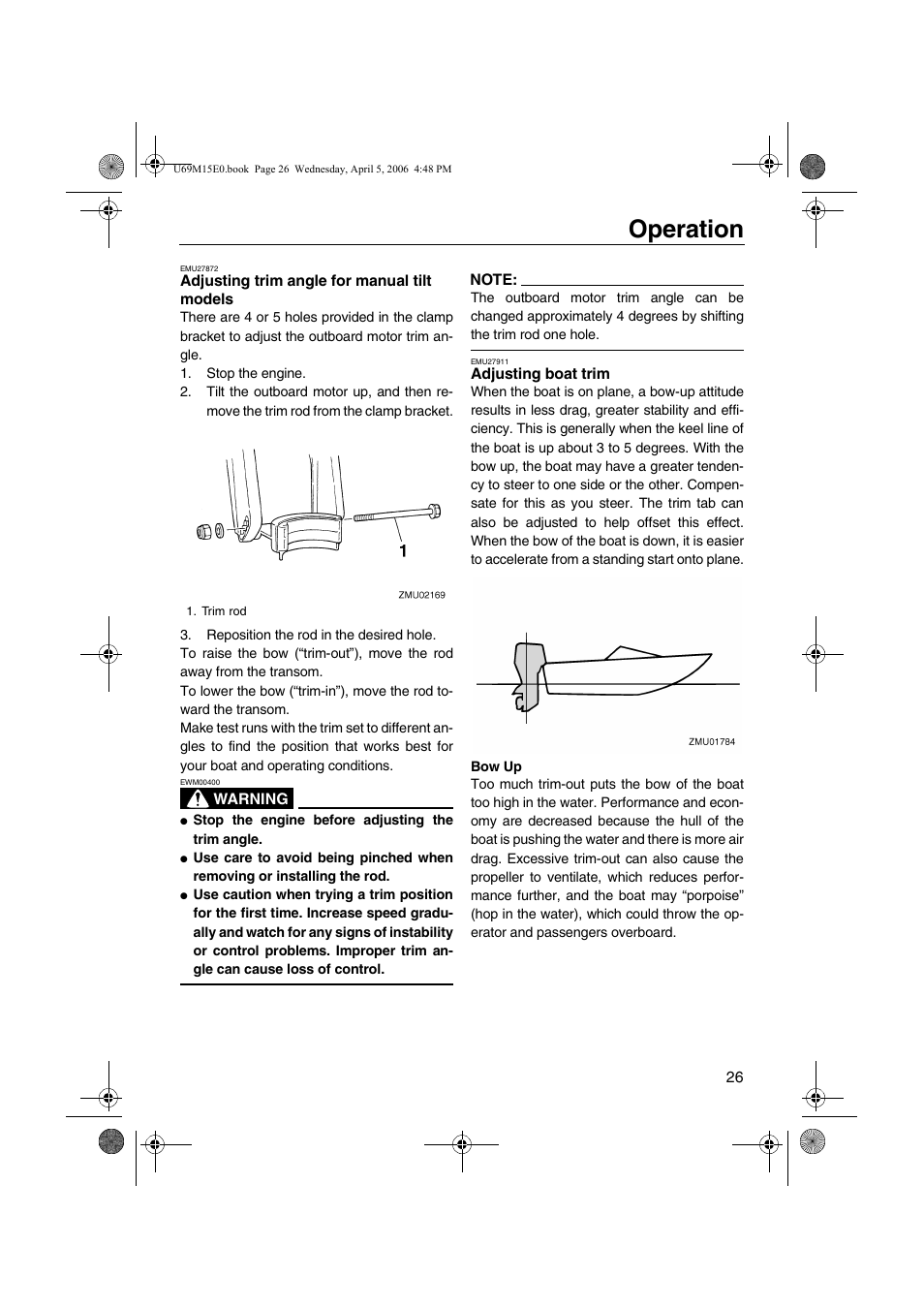 Adjusting trim angle for manual tilt, Models, Adjusting boat trim | Operation | Yamaha F25 User Manual | Page 31 / 66