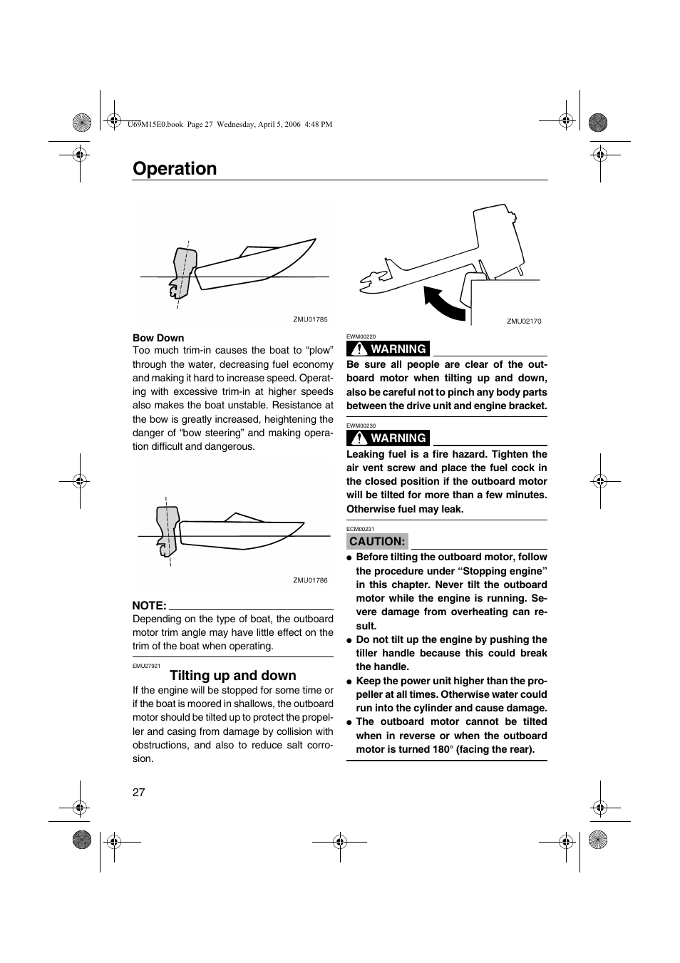 Tilting up and down, Operation | Yamaha F25 User Manual | Page 32 / 66