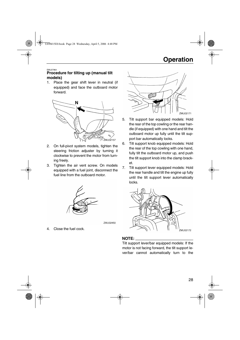 Procedure for tilting up, Manual tilt models), Operation | Yamaha F25 User Manual | Page 33 / 66