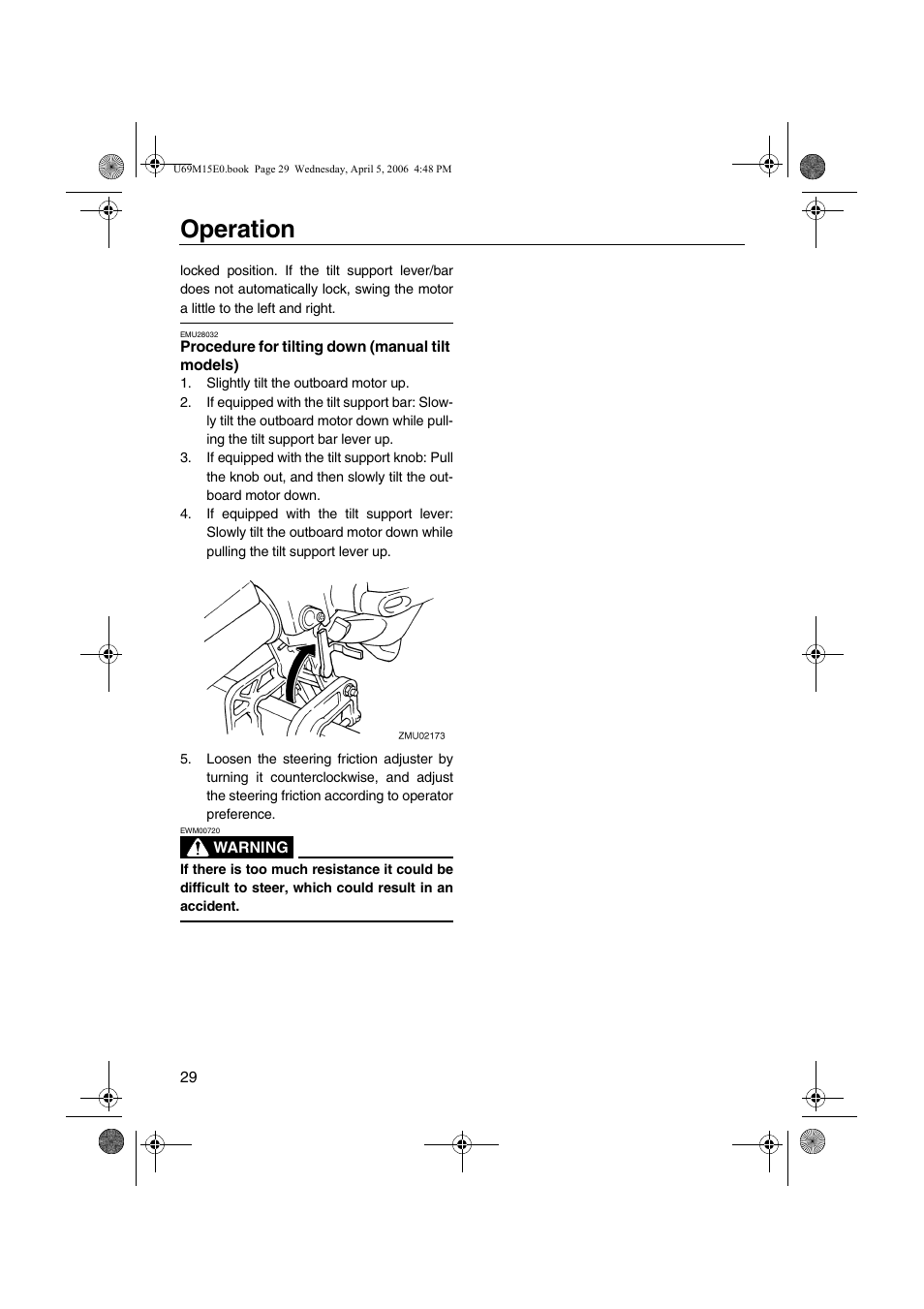 Procedure for tilting down, Manual tilt models), Operation | Yamaha F25 User Manual | Page 34 / 66