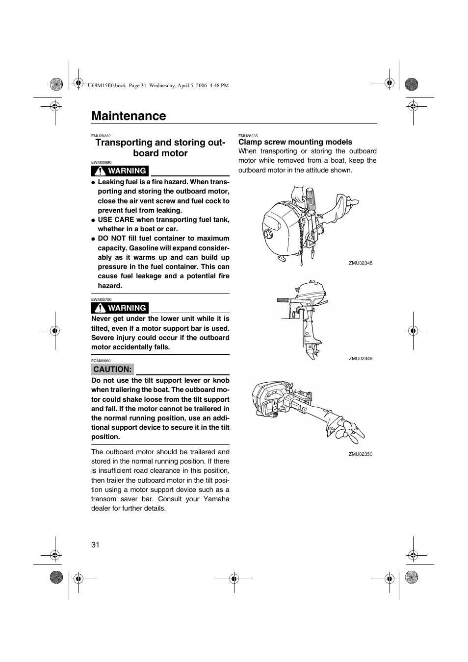 Transporting and storing, Outboard motor, Clamp screw mounting models | Maintenance, Transporting and storing out- board motor | Yamaha F25 User Manual | Page 36 / 66