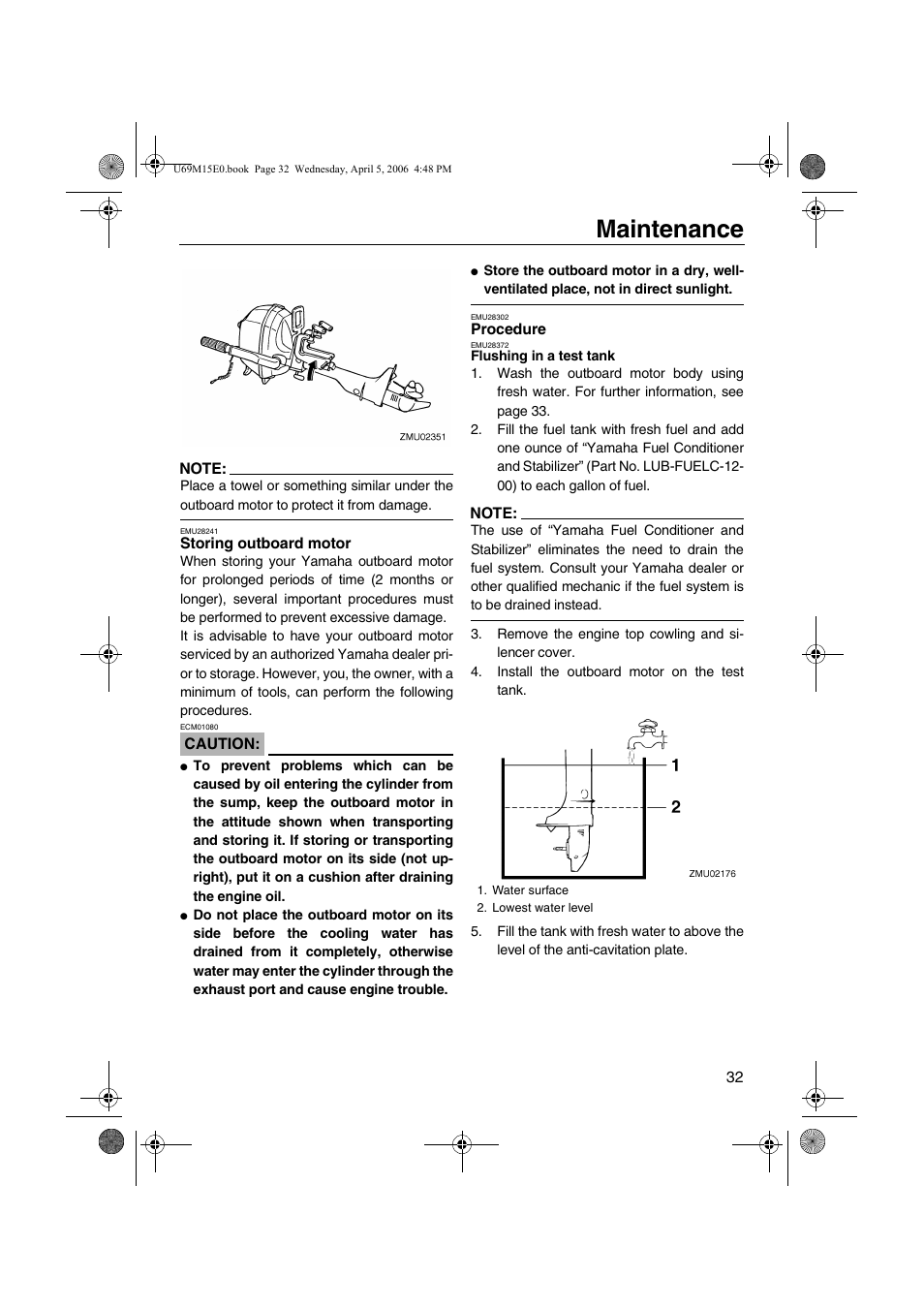 Storing outboard motor procedure, Maintenance | Yamaha F25 User Manual | Page 37 / 66