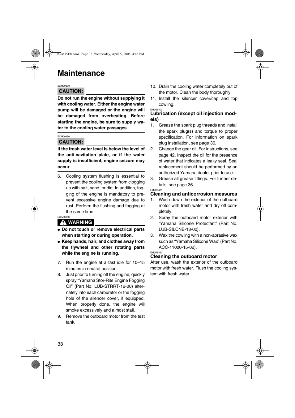 Lubrication, Except oil injection models), Cleaning and anticorrosion | Measures, Cleaning the outboard motor, Maintenance | Yamaha F25 User Manual | Page 38 / 66