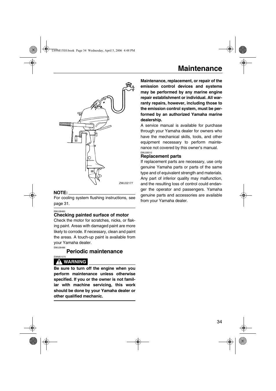 Checking painted surface of motor, Periodic maintenance, Replacement parts | Maintenance | Yamaha F25 User Manual | Page 39 / 66