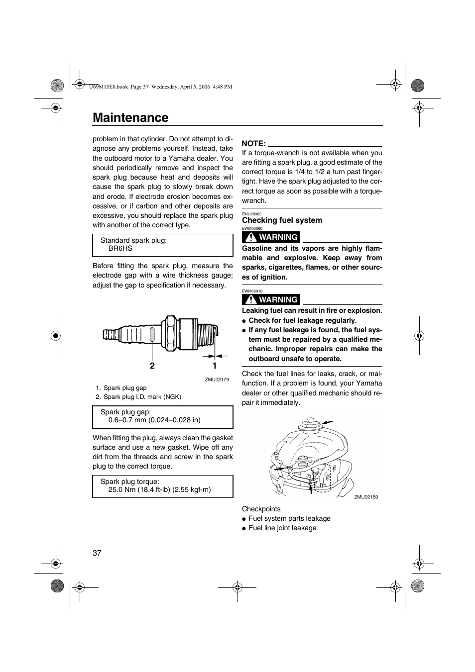 Checking fuel system, Maintenance | Yamaha F25 User Manual | Page 42 / 66