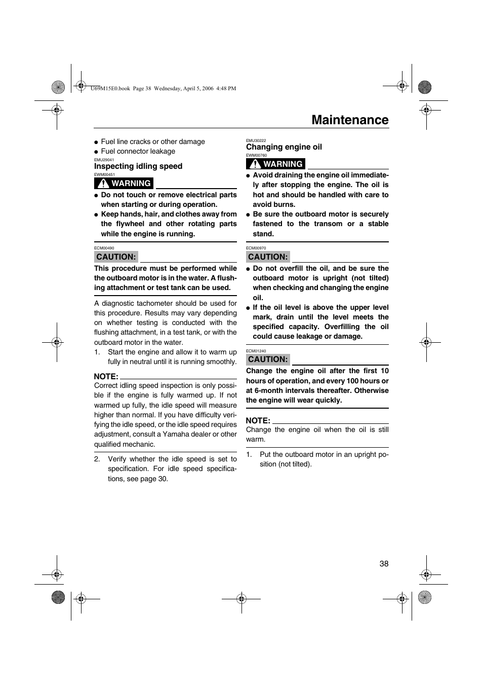 Inspecting idling speed changing engine oil, Maintenance | Yamaha F25 User Manual | Page 43 / 66