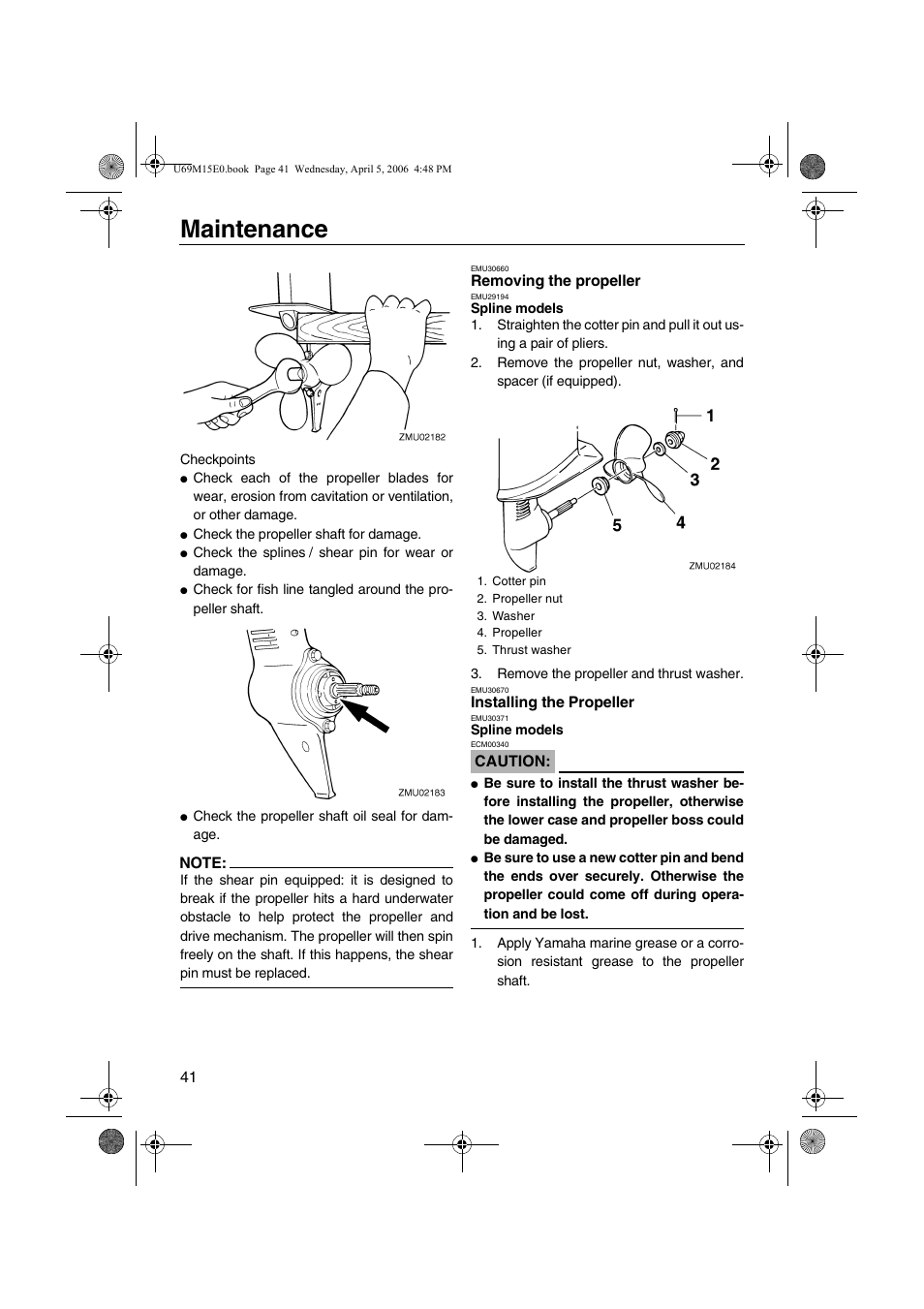 Removing the propeller installing the propeller, Maintenance | Yamaha F25 User Manual | Page 46 / 66