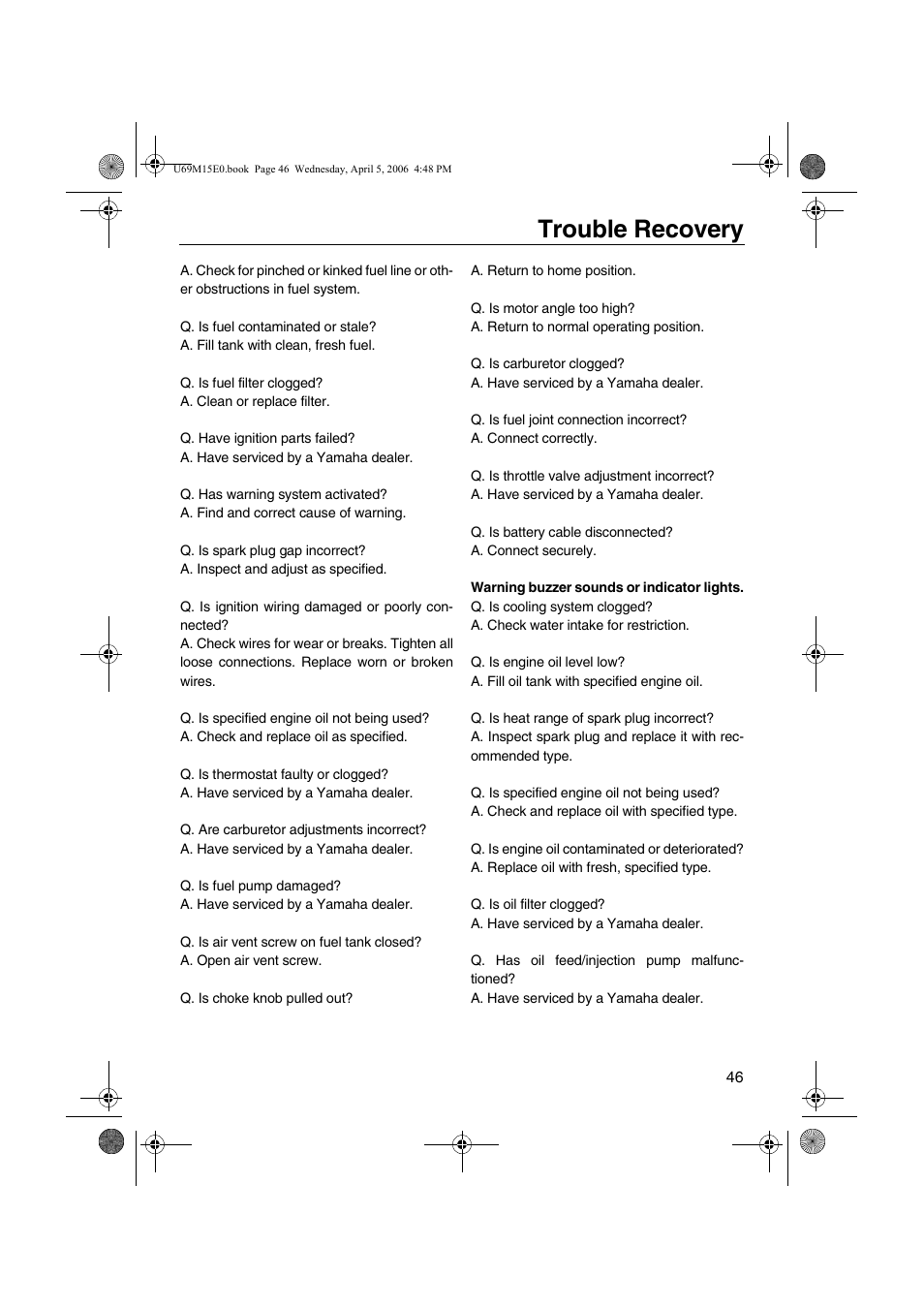 Trouble recovery | Yamaha F25 User Manual | Page 51 / 66