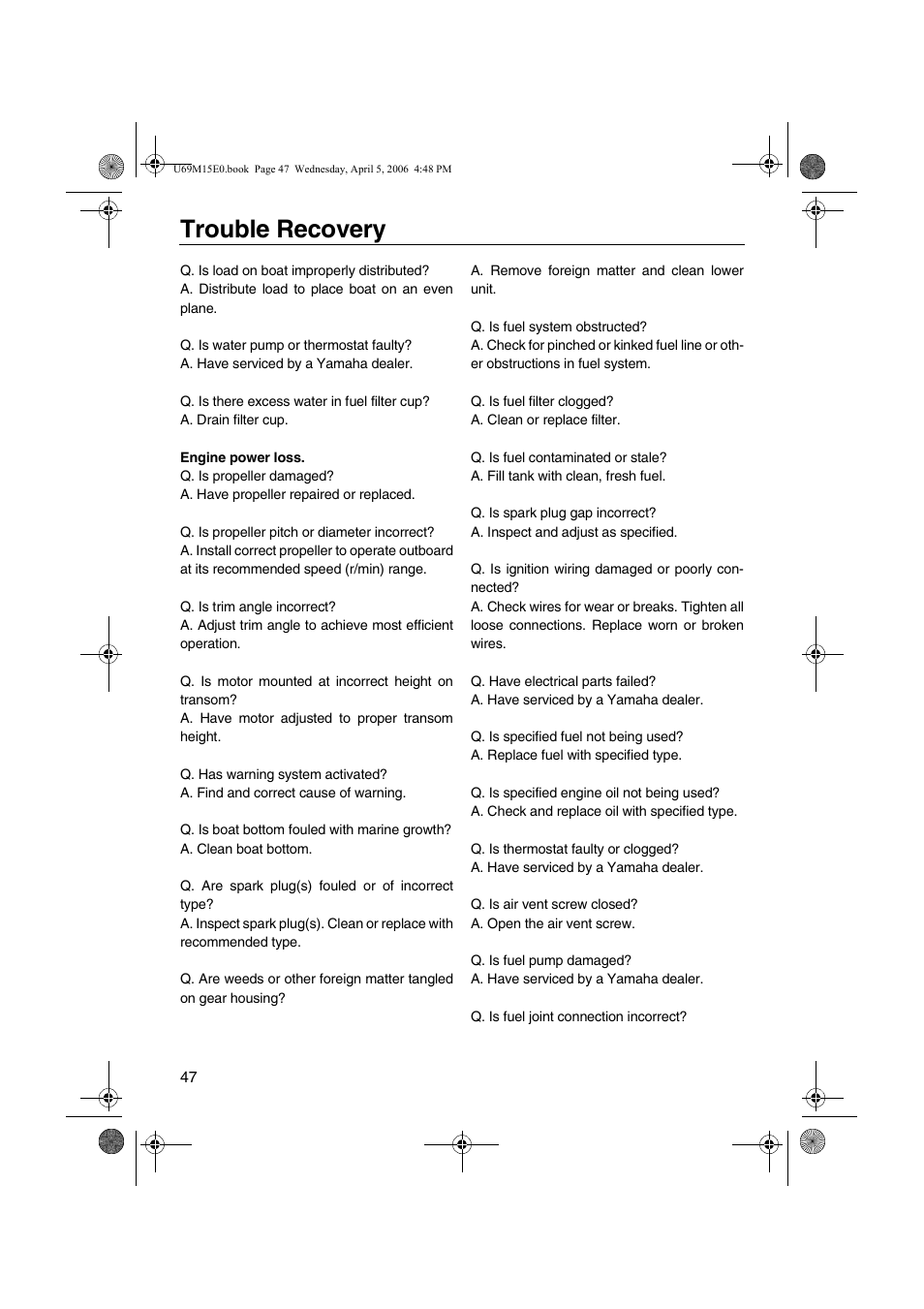 Trouble recovery | Yamaha F25 User Manual | Page 52 / 66