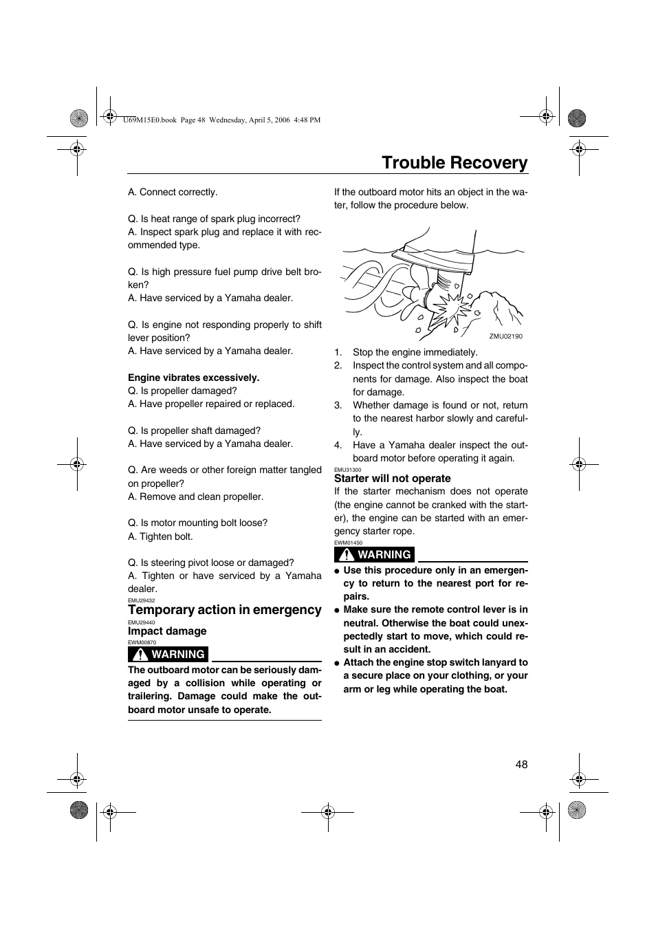 Temporary action in emergency, Impact damage starter will not operate, Trouble recovery | Yamaha F25 User Manual | Page 53 / 66