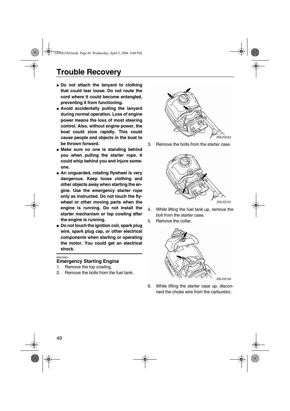 Emergency starting engine, Trouble recovery | Yamaha F25 User Manual | Page 54 / 66