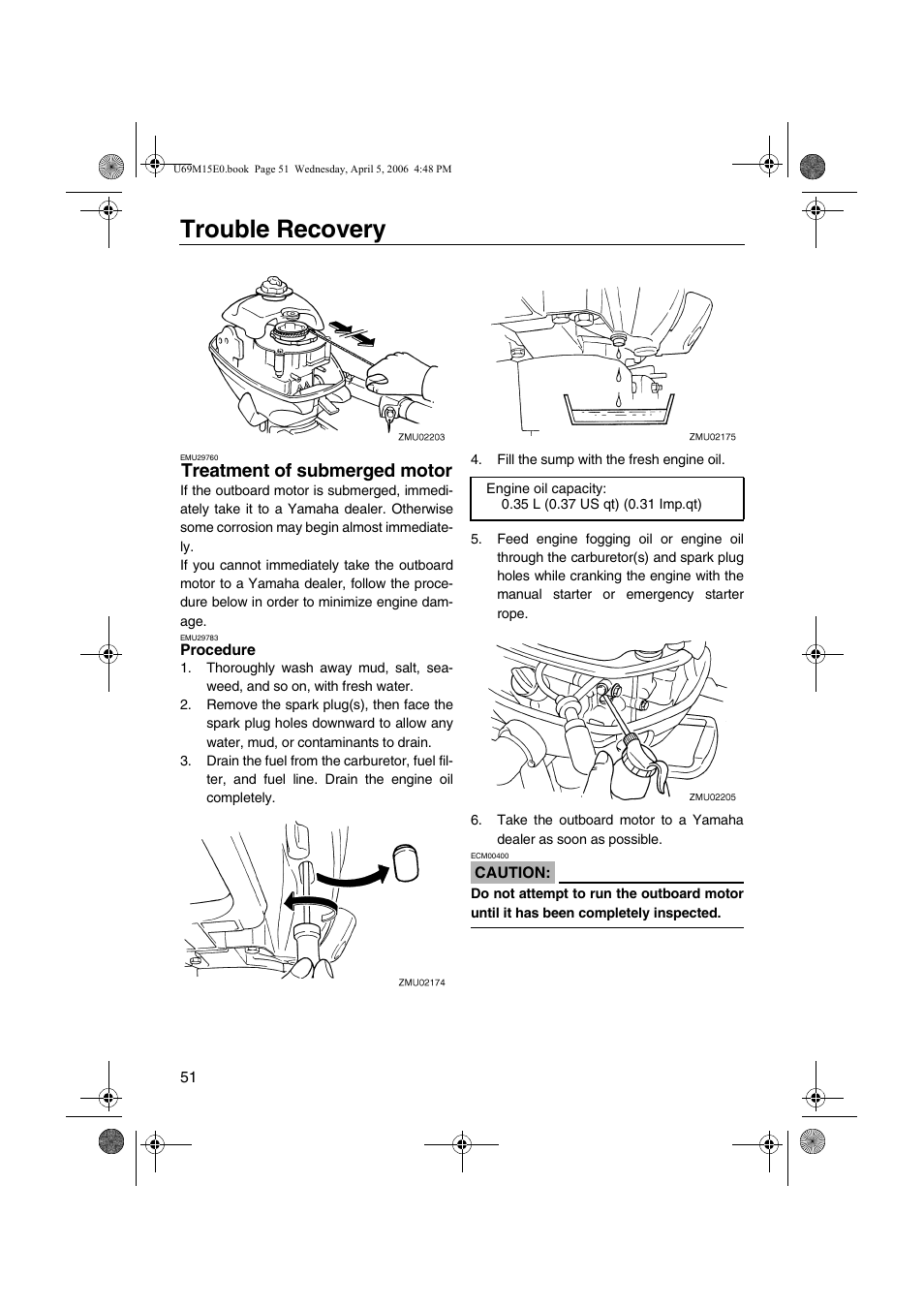 Treatment of submerged motor, Procedure, Trouble recovery | Yamaha F25 User Manual | Page 56 / 66